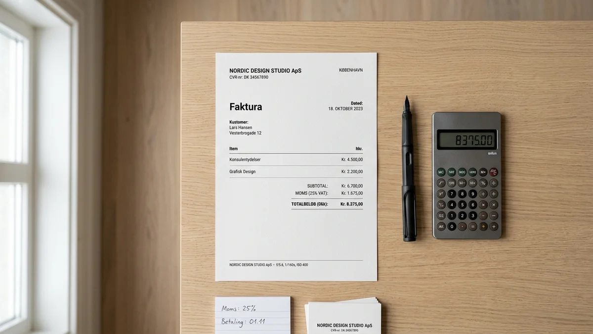 Dansk faktura med 25 procent moms specifikation, netto og brutto opgørelse
